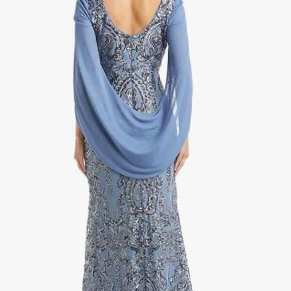 R&M Richards Chiffon V-Neck Drape Back Beaded Stretch Sheath Size 6 NWT Lt Blue - Picture 2 of 3